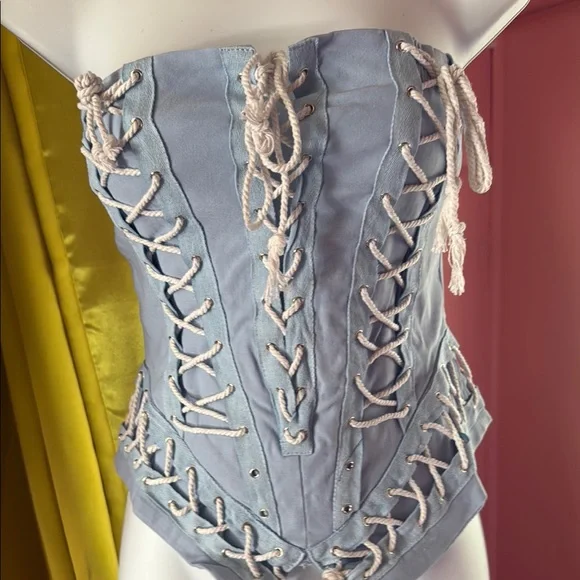 Light Blue Lace-Up Corset Top - Picture 8 of 9